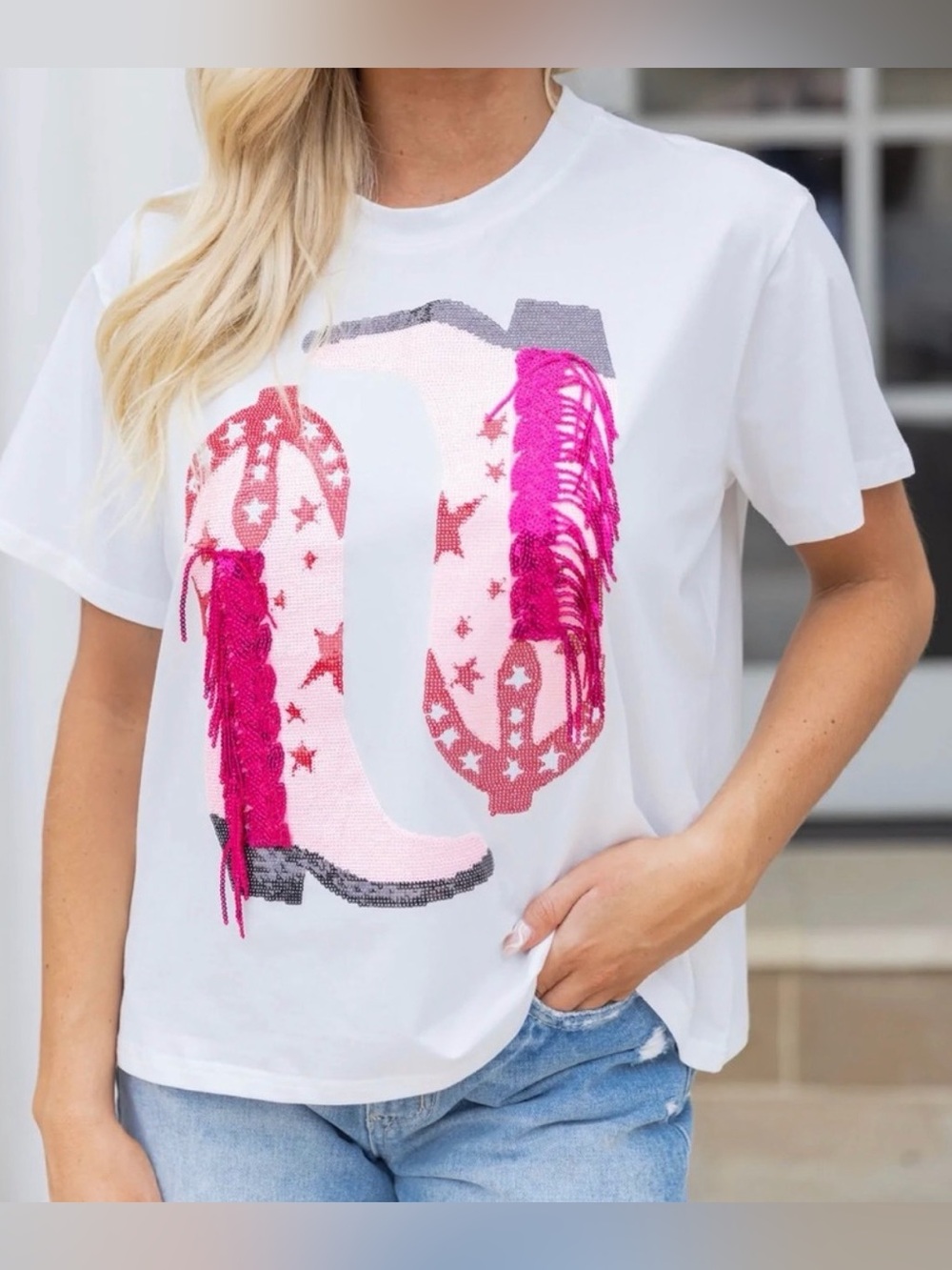 Queen of Sparkles Pink Fringe Boots Tee Small
